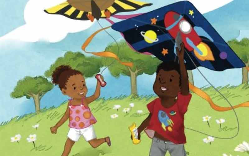 Page of the book Benny Doesn't Like to Be Hugged, where two children are flying kites