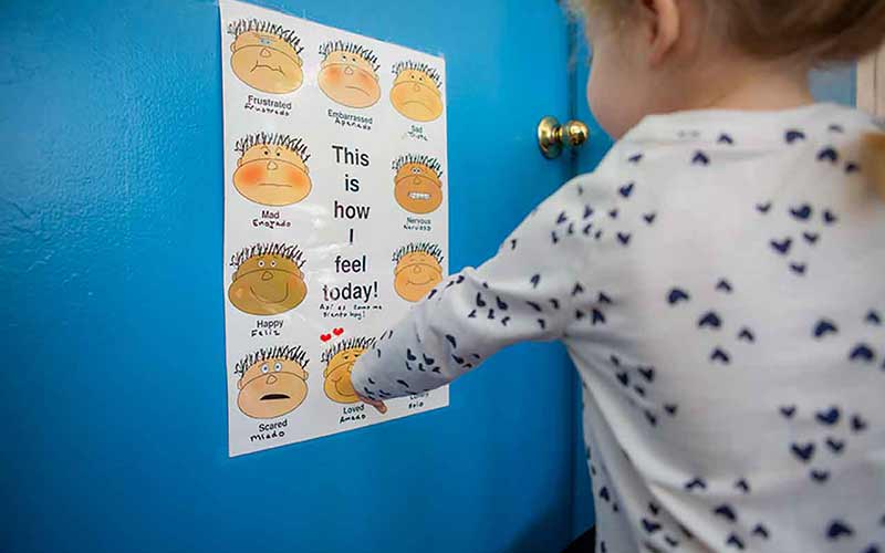 A child pointing to an emotion chart