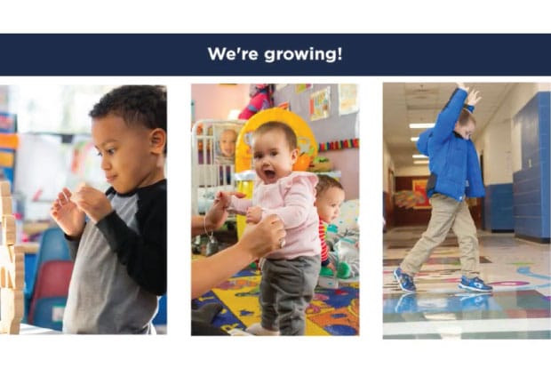 Three children moving with text: We're growing!