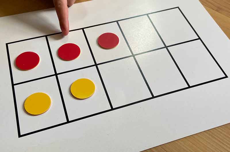 Child using a 10-frame to add 3 and 2