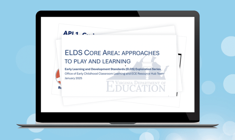 Laptop with stack of slides shown on screen. Text reads: ELDS Core Area: Approaches to Play and Learning